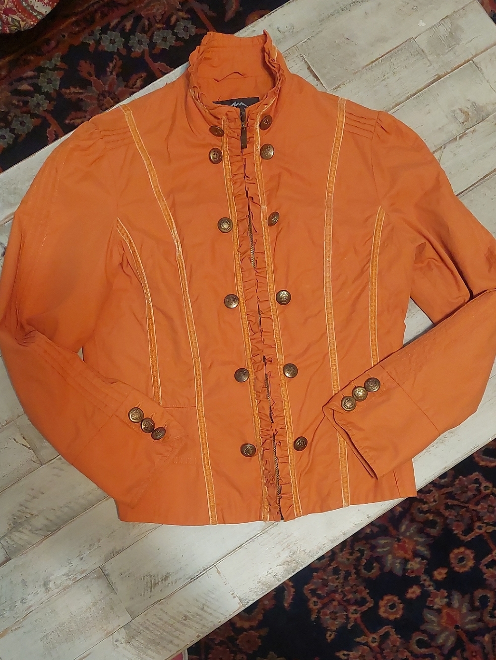 Women's Orange Ruffle-Trim Military-Style Blazer